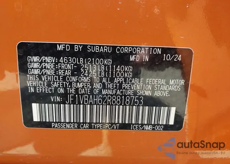 2024 Subaru Wrx Premium from USA, damaged, VIN JF1VBAH62R8818753